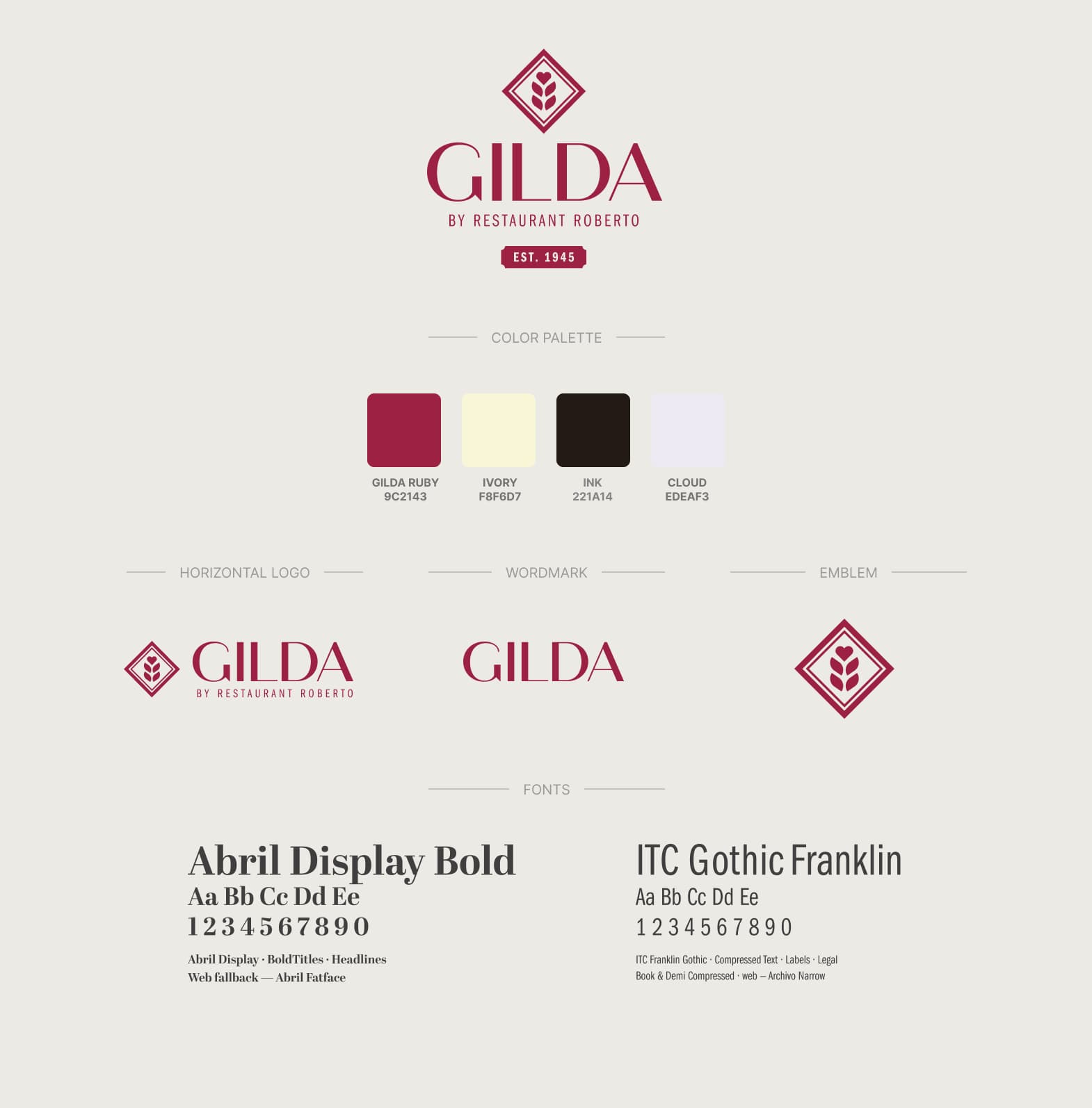 La charte Gilda : emblème, logotype et bloc-marque horizontal, palette bordeaux et crème, duo Abril Display / Franklin Gothic