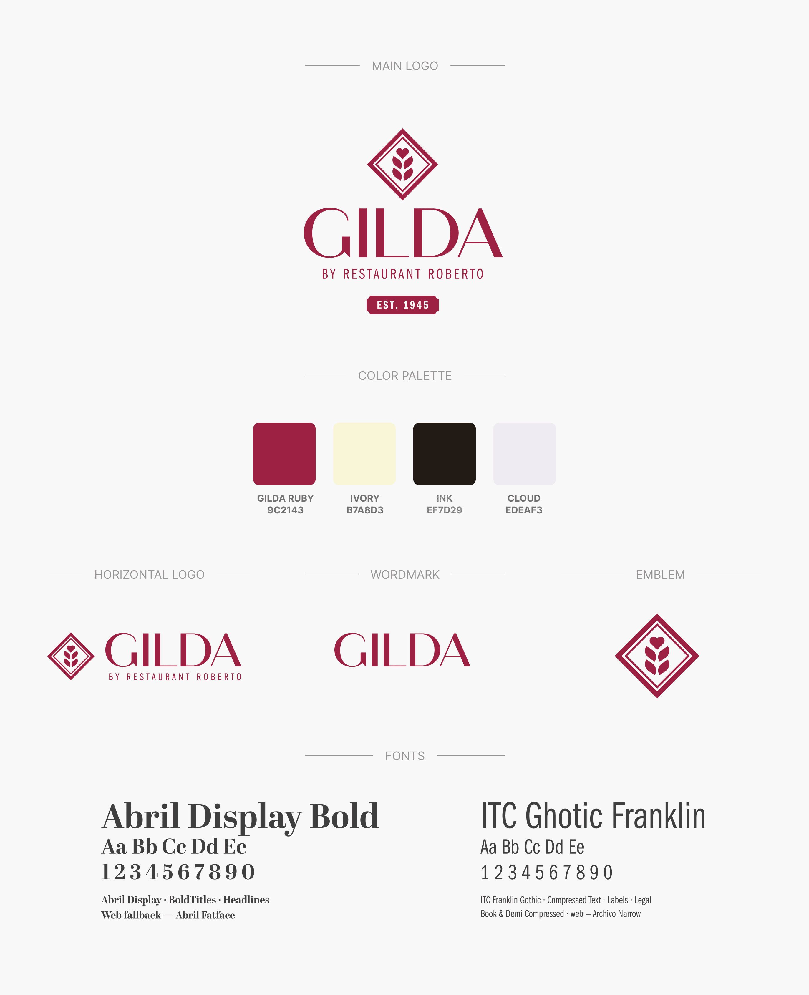 GILDA brand guidelines: logo lockups, emblem, colour palette and typography