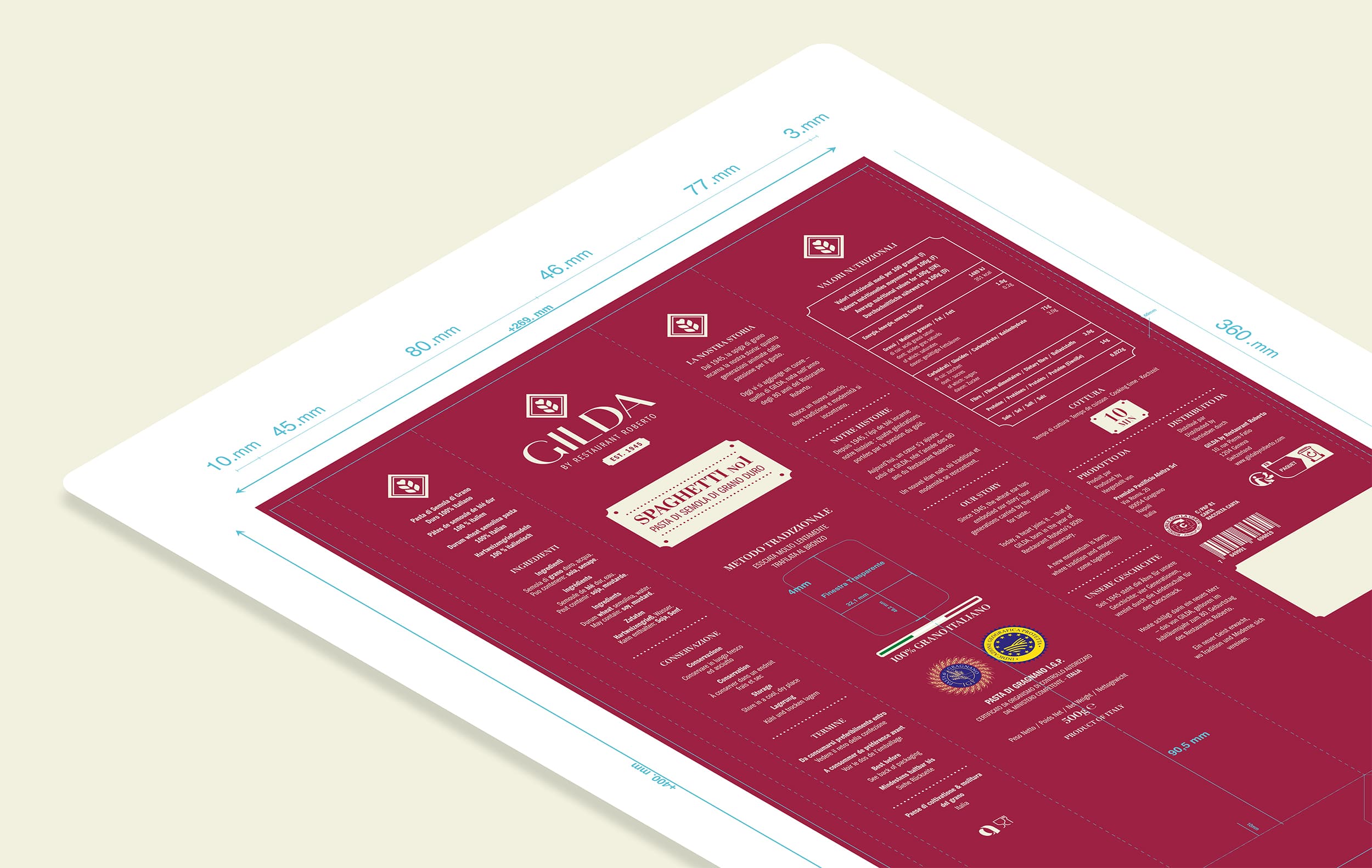 Production dieline for the GILDA spaghetti packet, with dimensions and print marks