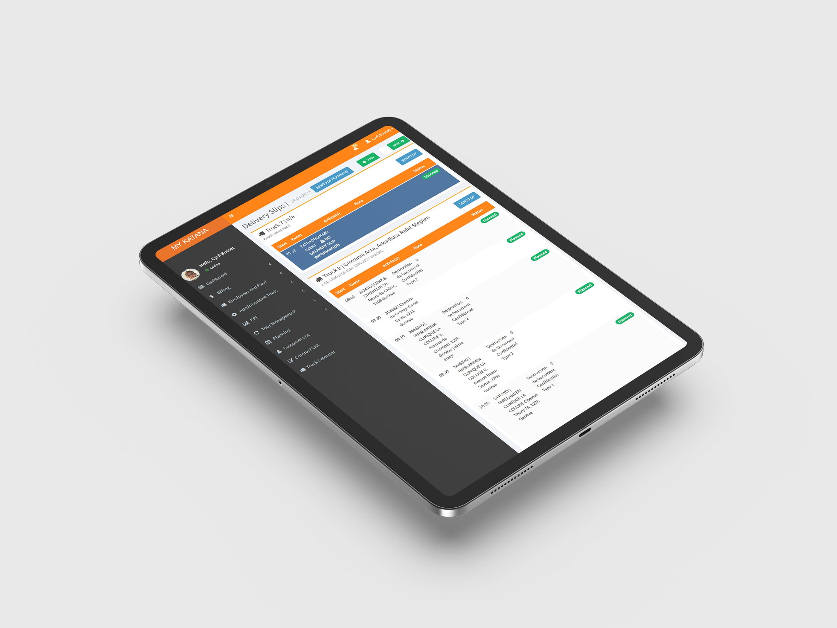 Delivery slips per truck in MY KATANA, running on an iPad