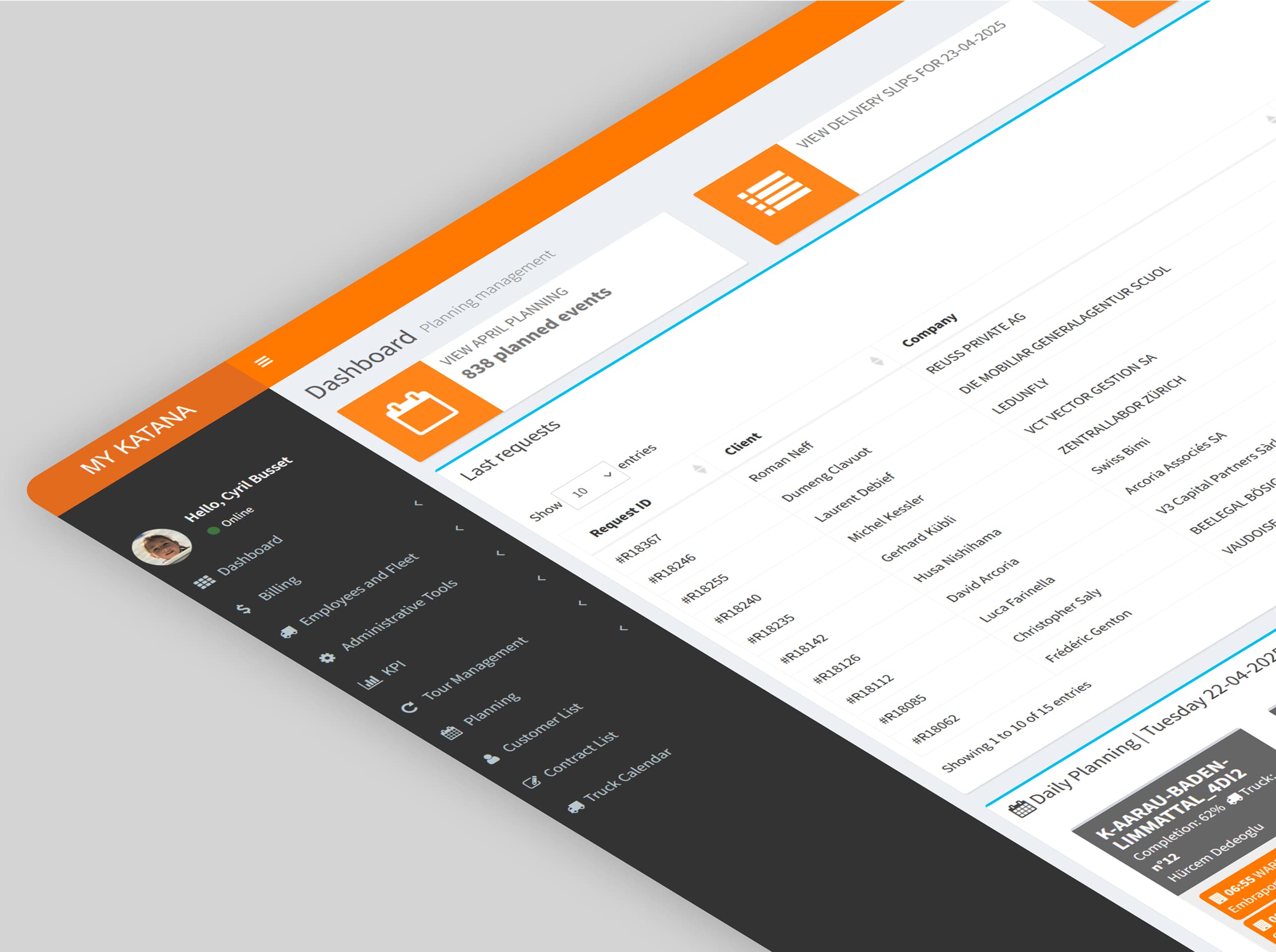 The MY KATANA dashboard: planning management, recent requests and daily planning