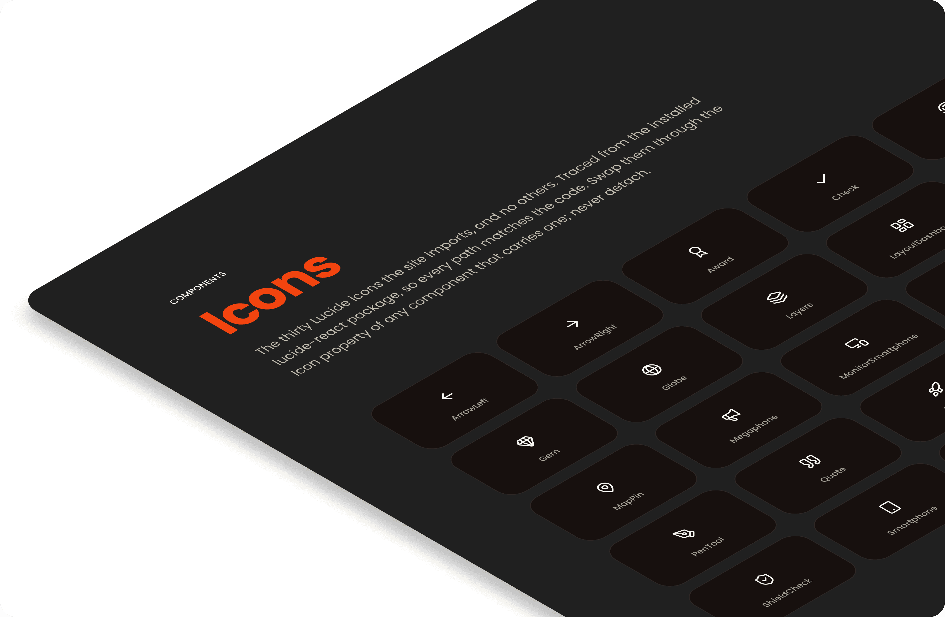 The Icons page of the Kerozene design system in perspective: thirty Lucide icons
