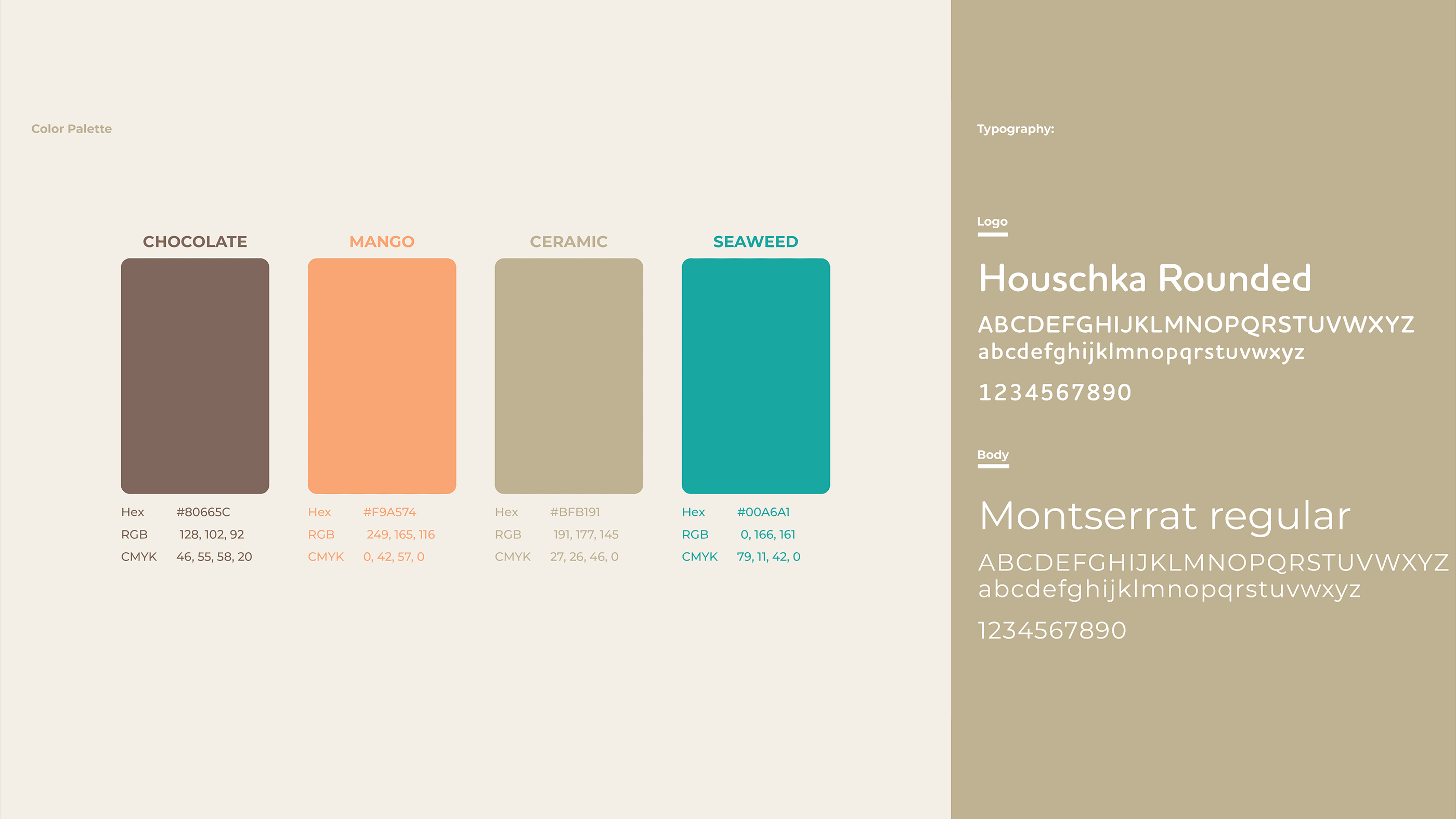 La palette Shoyu : Chocolate, Mango, Ceramic et Seaweed, avec Houschka Rounded et Montserrat