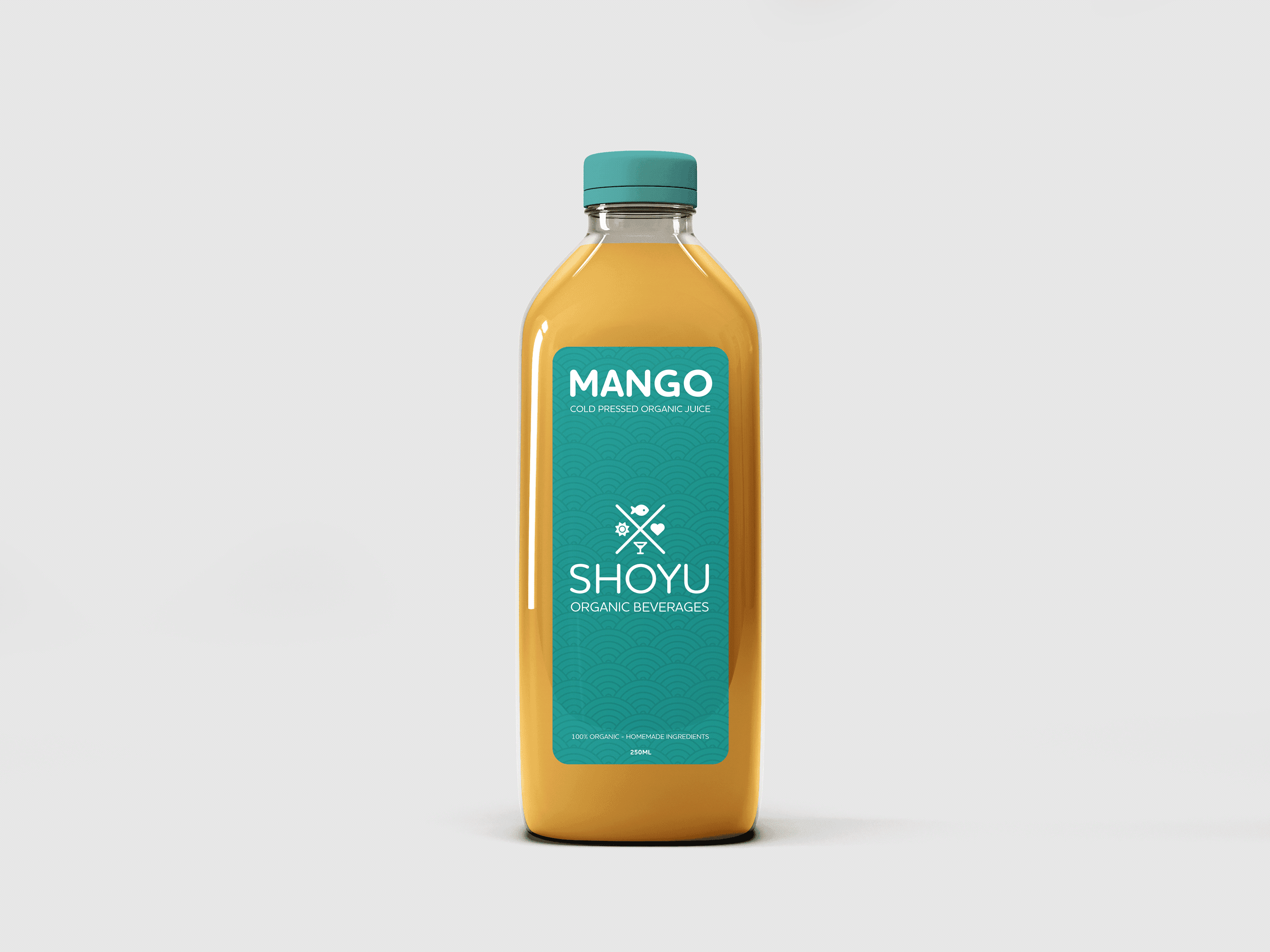 Shoyu Organic Beverages : jus de mangue pressé à froid, étiquette algue