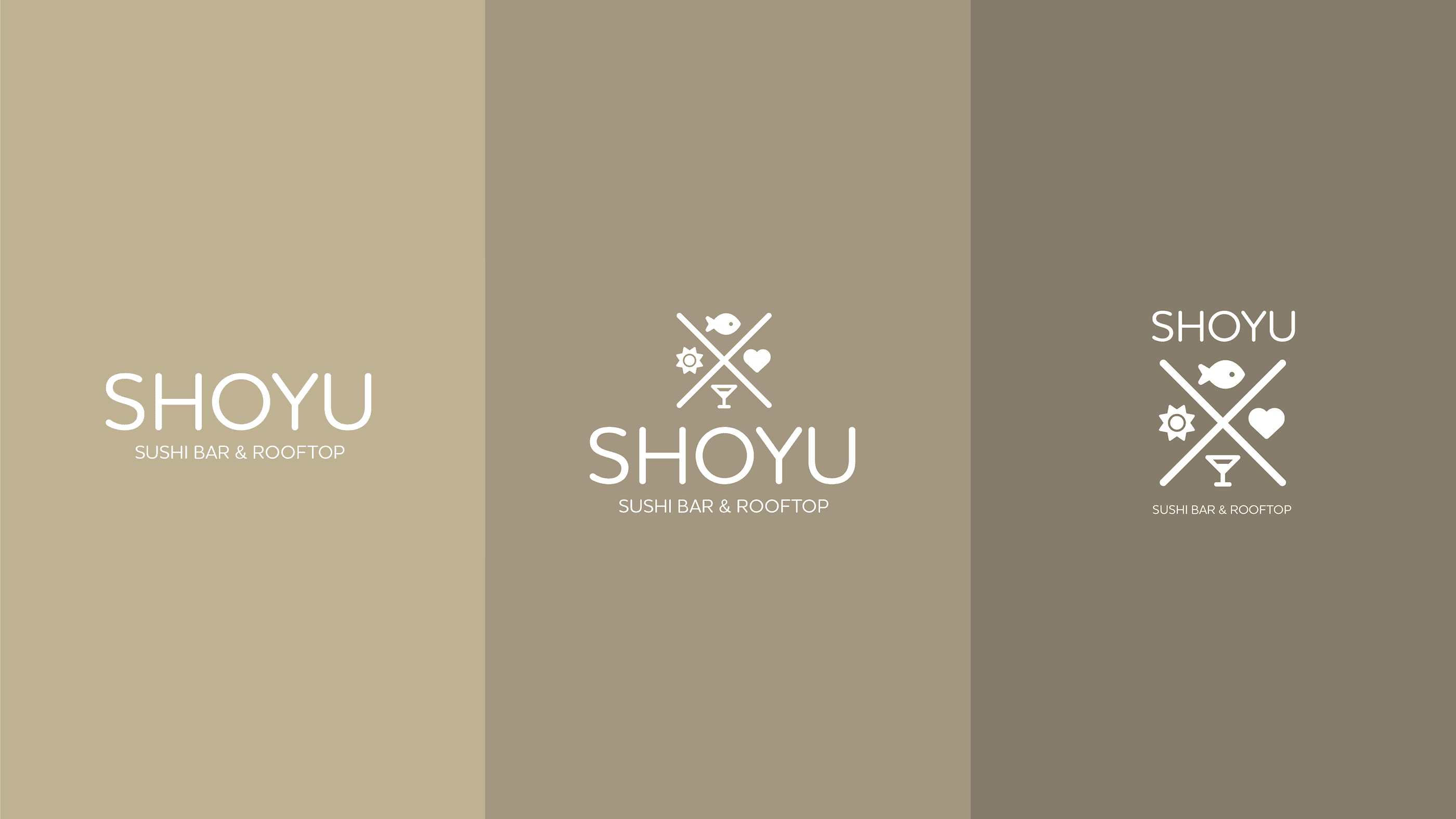 Les trois compositions Shoyu : logotype, emblème au-dessus du logotype, logotype au-dessus de l’emblème