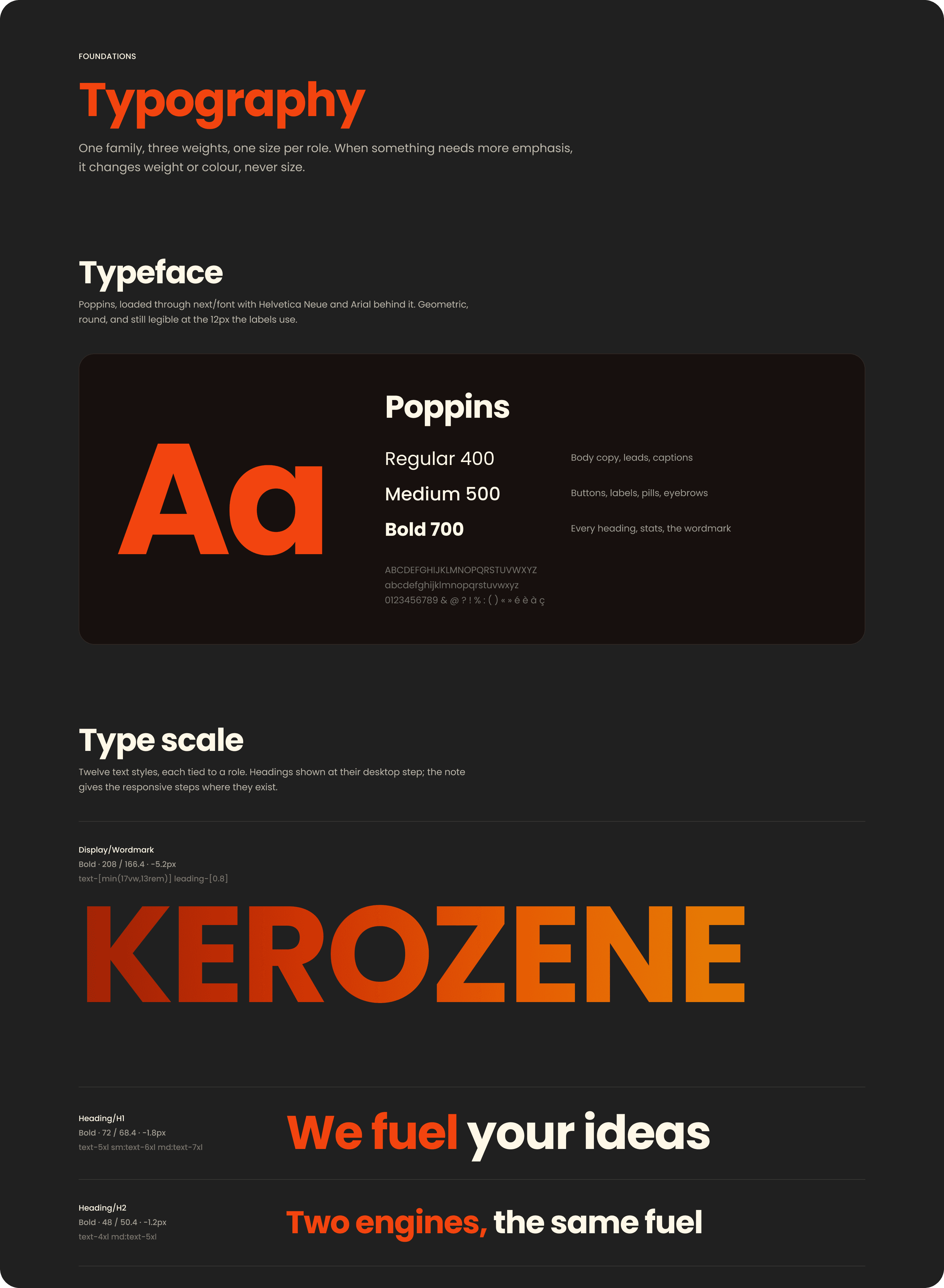 The Typography page: the Poppins specimen and the type scale, each style with its Tailwind class