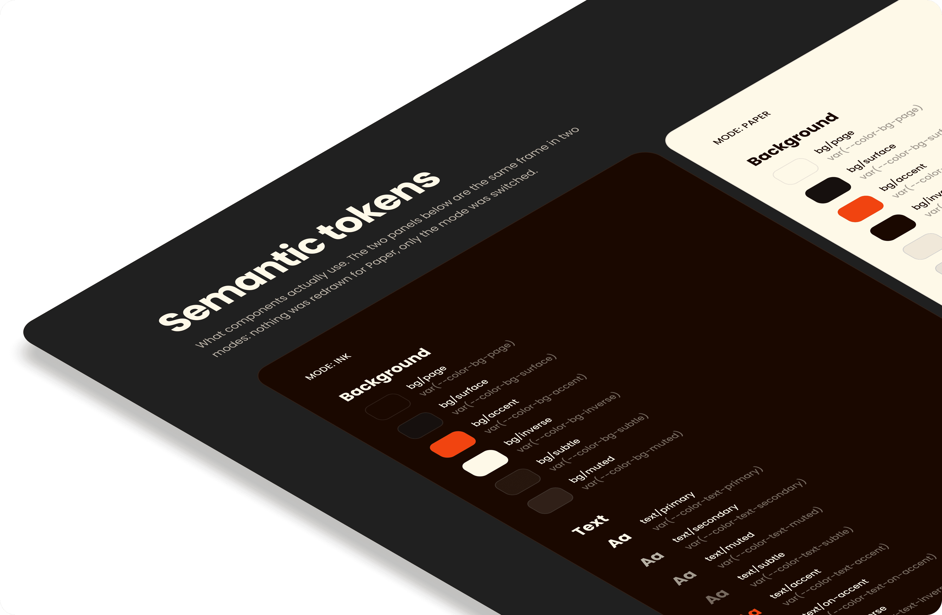 The semantic tokens of the Kerozene design system in perspective: the same panel in Ink mode and in Paper mode