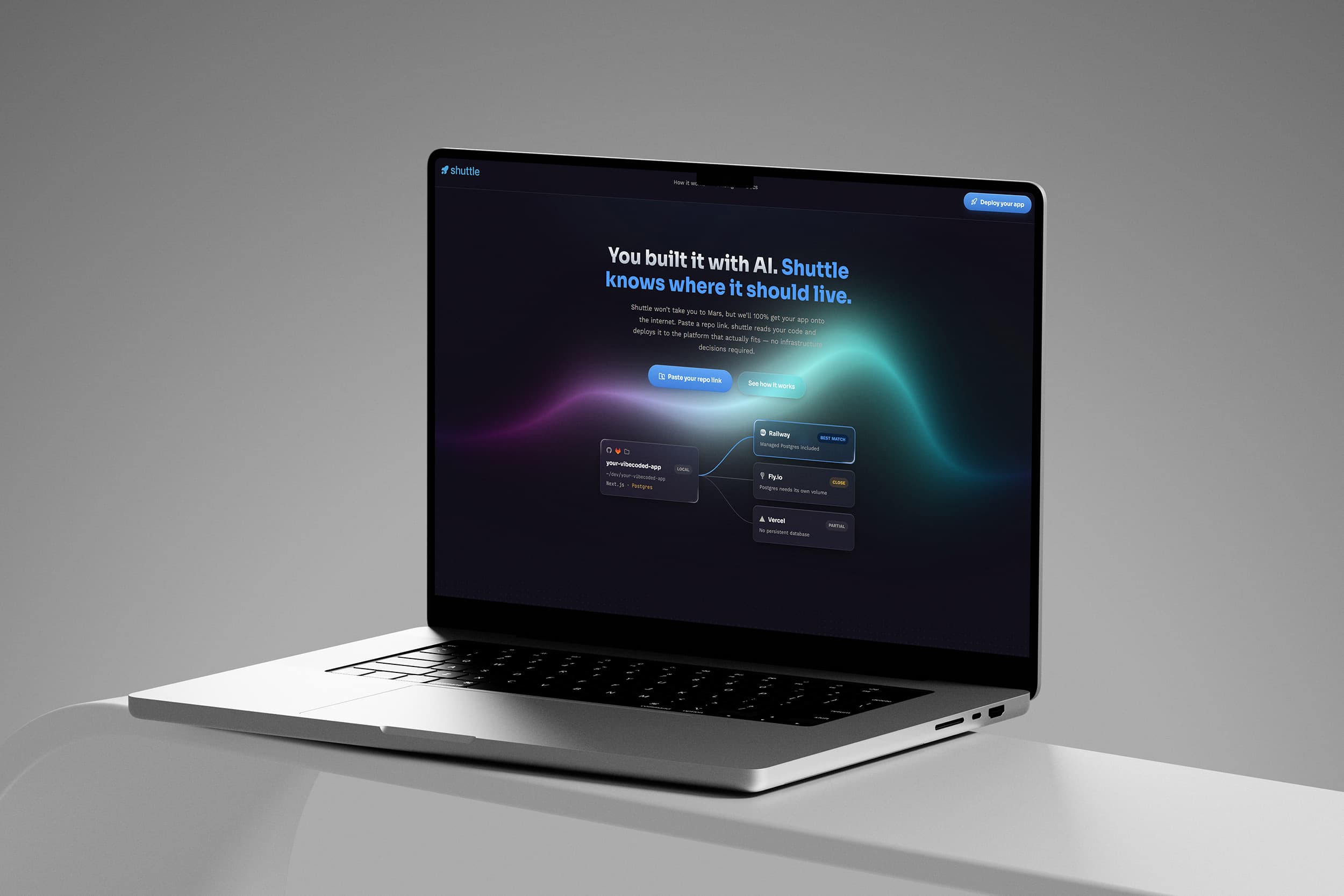 The Shuttle landing page: paste a repo link and Shuttle finds where the app should live