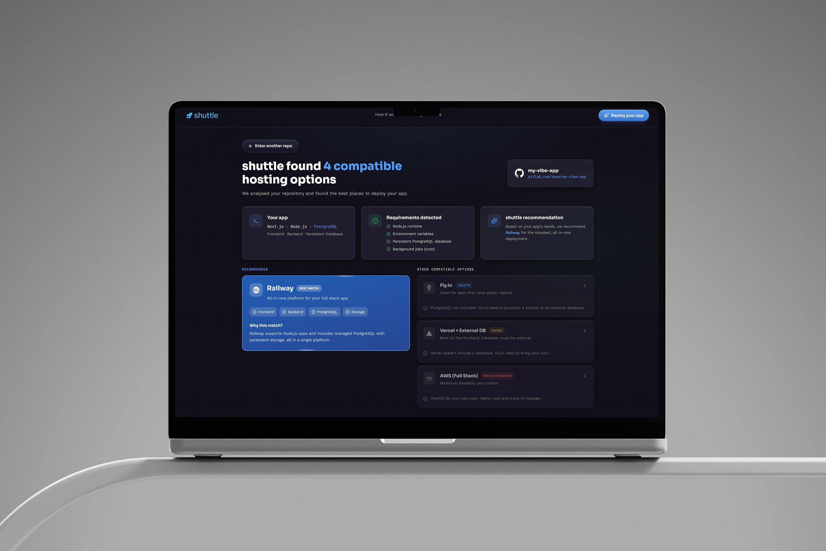 Shuttle's results screen: four compatible hosting options with Railway recommended as the best match
